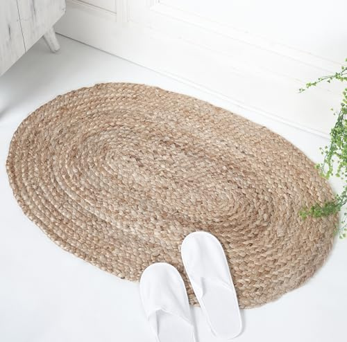 RAJRANG Handwoven Jute Area Rug Oval Natural Beauty with Reversible Braided Charm for Farmhouse Chic in Living Room, Kitchen, and Bedroom Styling 70 x 121 cm