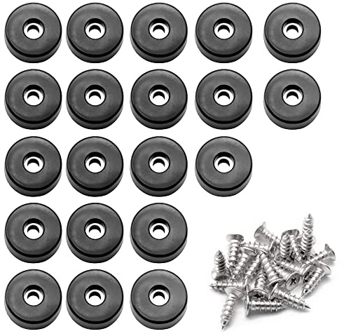Otrestodyl Skärbrädsfötter i gummi med rostfri bricka och skruvar, 1 tum svarta runda gummifötter, halkfria stötdämpande dynor för möbler, elektronik och applikation, 20-pack