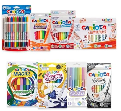 CARIOCA Filzstift-Set, sortiert - doppelseitige, zweifarbige, fluoreszierende, pastellfarbene, duftende, farbwechselnde Marker mit konischer und Pinselspitze (8 Boxen, insgesamt 84 Stifte)