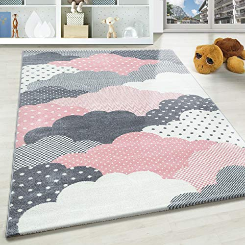 KinderTeppich, Wolken Design, Teppich Rosa, 160 x 230 cm, Teppich für Kinder, Teppich Kinderzimmer
