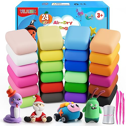 Lufttrocknender Ton, 24 Farben, kreativer pädagogischer magischer Ton, ungiftig, ultraleicht, Modelliermasse, bestes Geschenk für Jungen und Mädchen, perfekt für Geburtstag, Weihnachten