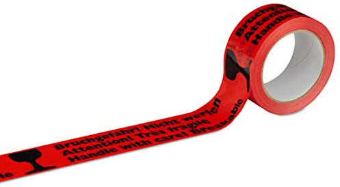 MASHPAPER Warnband/Klebeband rot – Bruchgefahr! Nicht werfen“ 50mm x 66m | Signalrotes Warnklebeband mit Acrylkleber, reißfestes PP-Klebeband für Pakete, dreisprachig, leise abrollbar, 496107