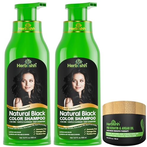 Herbishh Ultimate Haarfärbeshampoo Kit (2 Stück + Argan Haarmaske) für Graues Haar - Permanente Färbung für Männer und Frauen - Langanhaltend (Black)