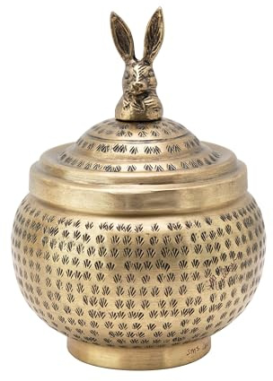 Round Hammered Metal Container with Rabbit Finial, Brass Finish