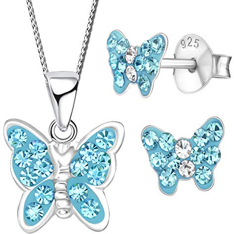 Kinder Mädchen Schmuckset 925 Sterling Silber Zirkonia Schmetterling Ohrringe mit Kette