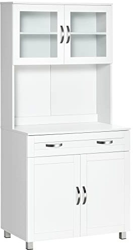 HOMCOM 67 Vorratsschrank Küchenkommode Glastüren Schubladen Weiß | Freistehender Aufbewahrungsschrank, verstellbare Böden, für Zuhause, Esszimmer, Wohnzimmer