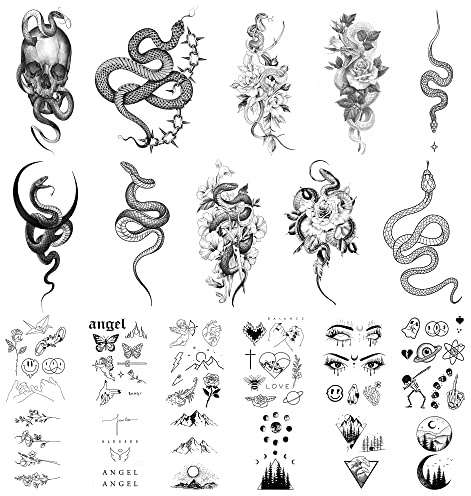 JINYOUS 22 Sheets Realistic Temporary Tattoo, 10 sheets Sexy Snake Fake Tattoos Stickers, Floral Peony Rose Tribal Viper Snake Temporary Tatoos For Women Men Adults Body Art Forearm Arm Leg