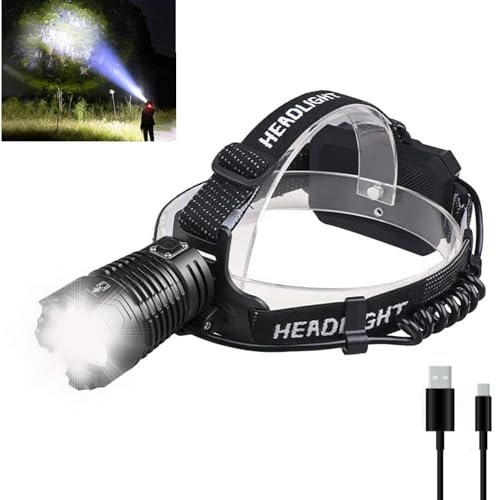 NUCWO Linterna frontal LED de 1200000 lúmenes superbrillante, 4 modos de lámpara de cabeza recargable por USB y faro impermeable de nivel IPX6, linterna frontal manos libres ajustable de 90° para