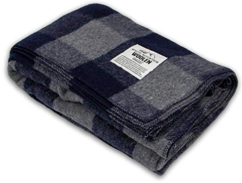 Lodge Twin Blanket - 80% Recycled Wool - Buffalo Plaid - Warm Throw Blanket - Thick - Washable - 65W x 90L - Gray and Blue Plaid