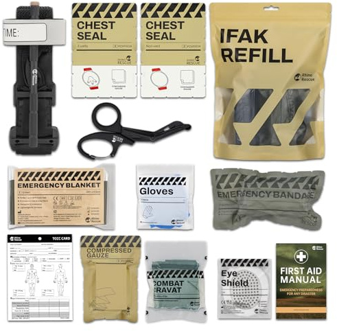 RHINO RESCUE Pacchetto traumatico tattico, fermare il sanguinamento, ricarica IFAK con materiale di medicazione (1 set da 11 pezzi)