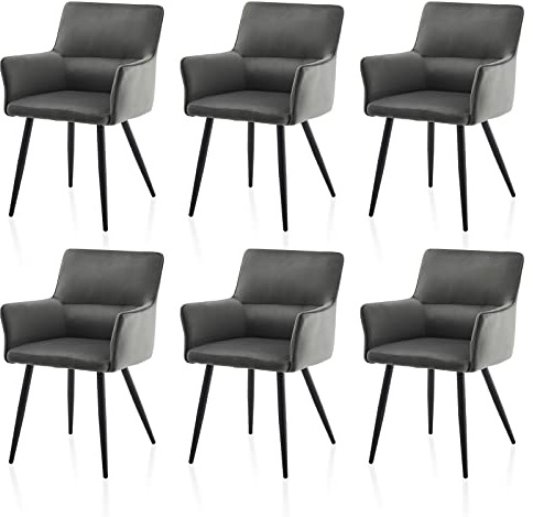 TUKAILAI Esszimmerstühle 6er-Set aus Samt, Modern Polsterstuhl Küchenstuhl mit Armlehnen, Rückenlehne, Polstersitz, Metallbeine,Wohnzimmer-Sessel, Esszimmer Küche, 6 stück Stuhl, Dunkelgrau