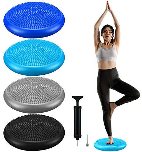 Sotiff 4 Pcs Inflated Wobble Cushion Flexible Wiggle Seat 14” L x 3.2” H Stability Balance Disc with Pump for Sensory Kids Adult Physical Exercise Equipment(Black, Gray, Dark Blue, Light Blue)