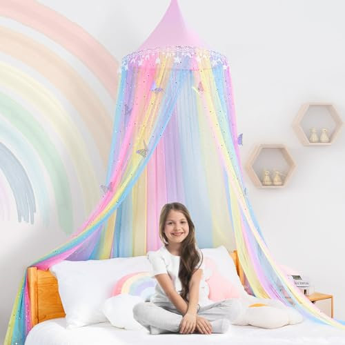 STAOLENE Bed Canopy for Girls, Shiny Star Moon Princess Crib Curtains with Butterfly Stickers, Dreamy Mosquito Net Reading Nook Canopy for Girls Room, Play Tent