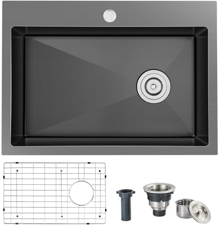 OUGOO 25x18x9 Inch Kitchen Sink, Handmade 304 Black Stainless Steel Single Bowl, Centre-Offset Drain, R10 Tight Corner, Drop in Kitchen Sink with Strainer & Bottom Grid