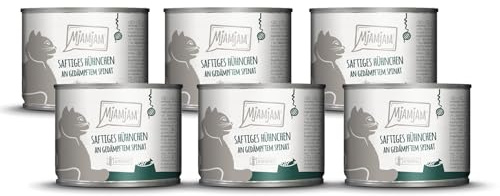 MjAMjAM – Premium Nassfutter für Katzen - saftiges Hühnchen an gedämpftem Spinat 200g, 6er Pack (6 x 200g), naturbelassen mit extra viel Fleisch