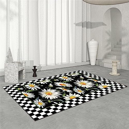 Green Chrysanthemum Black And White Plaid 3D Printed Mat Rugs Anti-Slip Rug Carpet Home Decoration Print Bedroom Non-Slip Floor Rug 180 X 280 Cm / 70.86 X 110.23 Inches - Polyester Soft Touc -0Y3L-X8