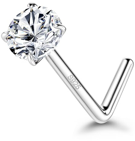 MILACOLATO 925 Sterling Silver Nose Studs, 18G 20G L Shaped Nose Rings, Simulated Diamond CZ Hypoallergenic Nose Piercings for Women Men 1.5 2 3MM 18g 3mm