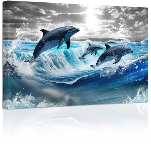 ZXHYWYM Delfin Leinwandbilder springender Delfin Bilddruck blaues Meerestier Badezimmer Kunstwerk Wanddekoration für Kinderzimmer Kinderzimmer Gerahmt (Bild-3, (30.00 x 45.00 cms))