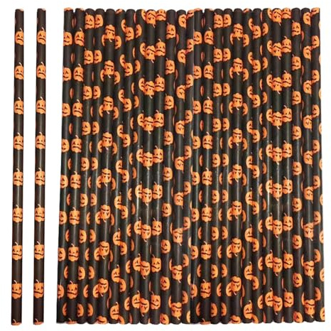 HIXNUG 100Pcs Pumpkin Pattern Paper Straws Orange Drinking Biodegradable Straws Recyclable Drinking Straws for Juice Cocktail Soda Halloween Party Supplies