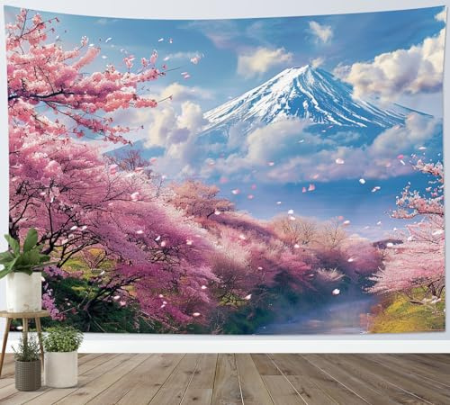 LB Wandteppich Japanischer Berg Wandtuch Rosa Blumenbaum Wandbehang Naturlandschaft Tapisserie für Wohnzimmer Schlafzimmer Wohnheim Wanddeko,200x150cm
