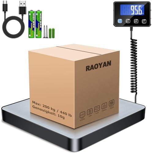 RAOYAN Paketwaage, 200kg/10g Hochpräzise Digitale Plattformwaage mit Halte/Tara Funktion, Postwaage mit Wandmontiertem LCD Display für Pakete/Lager/Gepäck