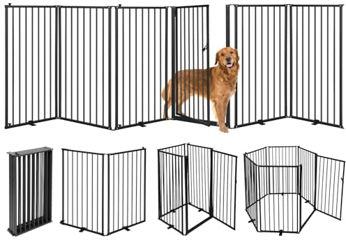 6 Panels Metal Freestanding Dog Gates with Door,120''W Detachable Foldable Dog Fence Indoor Outdoor Puppy Gate, 32''H Free Standing Tall Pet Gate for Doorways,House,Stairs,Porch,Deck,Yard