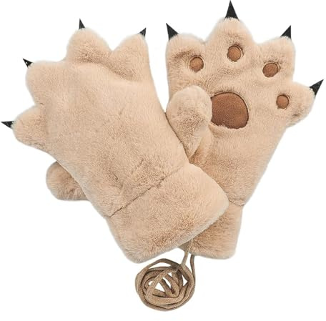 AffeGifts Katttass-handskar, varma plysch björn tassar handskar fluffiga therian tassar handskar kattvantar katt cosplay handskar för kvinnor tonårsflickor, Brun, en storlek