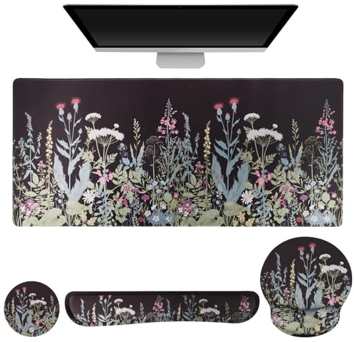 HuuppHip 4-IN-1 Mouse Mat Set,Large Desk Mat + Mouse Pad Wrist Support + Keyboard Wrist Rest + Cup Pad,Keyboard Mat for Games office Home Use,Waterproof,Non-slip for Comfortable Typing, Pain Relief