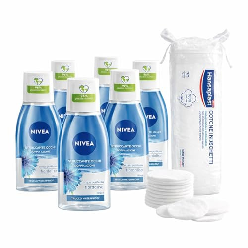 NIVEA Cofanetto Set Skincare con NIVEA Struccante Bifasico Occhi Doppia Azione 6 x 125 ml e Hansaplast Dischetti Cotone in confezione da 70 pezzi per la detersione viso – Kit Esclusiva Amazon