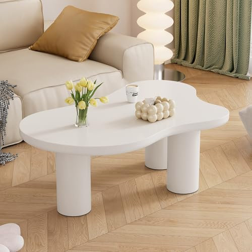 Unregelmäßiger Couchtisch in Wolkenform, 107cm Länge, 66cm Breite, 40.5cm Höhe, MDF-Tischplatte und PVC-Beine, mit Filzunterlage (Weiß)