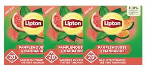 Lipton, Thé Vert Aromatisé, Infusion à Froid ou Chaud, Goût Pamplemousse & Mandarine, Ingrédients d'Origine 100% Naturelle, 60 Sachets Pyramid