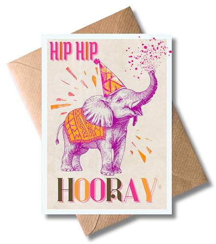 Glückwunschkarte mit Umschlag - Gratulationskarte Hip Hip Hooray neon Elefant Geburtstagskarte Geschenkkarte zum Abschluss Hochzeit Beförderung Geburtstag Einweihung Neuanfang Glückwüsche (DIN A6)
