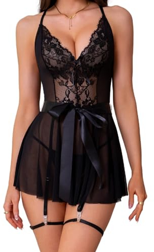 Aranmei Lencería Sexy para Mujer Encaje Floral Camisa de Noche de las Mujeres Ropa de Noche Malla Camisa de Noche con Ligas, Negro , XL