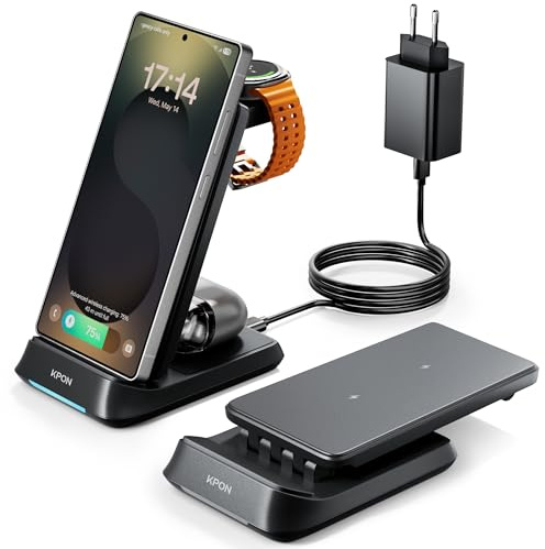 KPON Induktive Ladestation für Samsung Watch und Handy,3 in 1 20W Faltbare Wireless Charger für Galaxy Watch 7/Ultra/6/5/4/3,Galaxy S25 S24 S23 S22 S21/Note 20 10/Z Flip Fold 6 5 4 Galaxy Buds