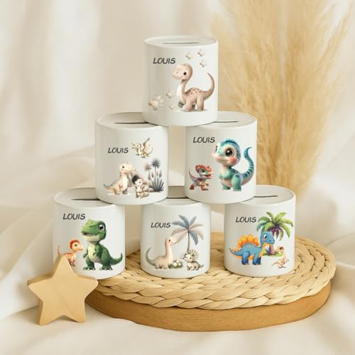 Personalisierte Spardose mit Namen – Dinosaurier Motiv für Kinder – Dino Spardose Keramik – Geschenk zur Taufe & Geburt – Sparschwein Kinder – Taufgeschenk Junge – Geldgeschenke Geburtstag