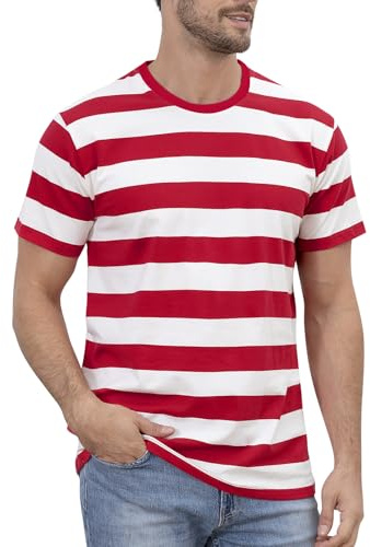 COSAVOROCK Maglietta a Righe Uomo Camicia in Cotone a Maniche Corte, Rosso Bianco, L