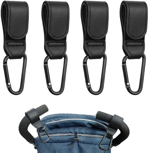 Buggy Clips for Pram, 4 Pack Black - Heavy Duty Aluminum Alloy Carabiner Hooks, Universal Stroller Accessories for Diaper Bag, Shopping Bags, Wallets, Handbags