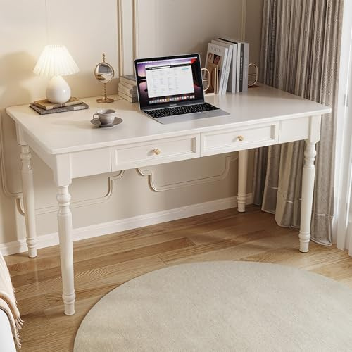 MUOLVSQ Schreibtisch im Landhausstil mit 2 Schubladen – Computertisch aus Massivholz für Home Office, Schlafzimmer, Studentenarbeitsplatz(Ivory,39in*29.5in*23.6in)