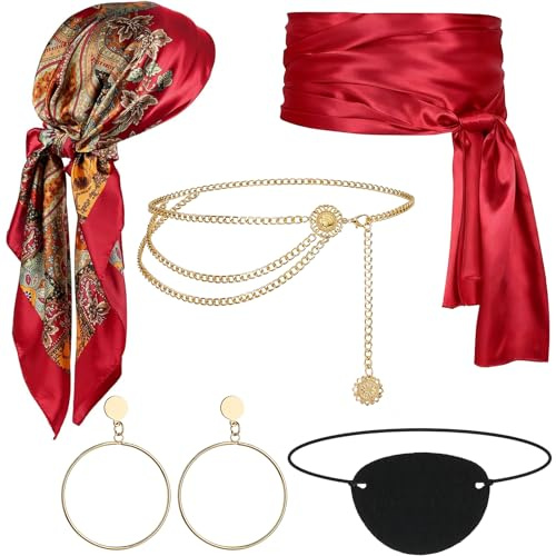 Draupnir Piraten Accessoires Set,Piratenkapitän Kostümzubehör,Piratenkostüm Damen,Piraten Verkleidung Kostüm Kopftuch Schärpe Taillenkette Augenklappe Ohrringe für Cosplay,Karneval, Party,Halloween