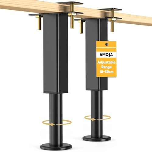 AMOJA 2 gambe regolabili in altezza, 18 – 30 cm, gambe regolabili in altezza, piedini in metallo altamente resistenti con base in gomma, base di supporto per travi e doghe per letto King Queen