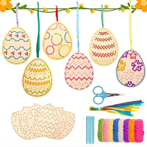 Joxessaien 6 Stück Ostereier zum Basteln, 6 Stile Ostern Kreuzstich Bastelset aus Holz, 15×11cm Osterdeko Selbst Basteln, Ostern Sticksets für Kinder, Ostergeschenke für Kin, Großes Osterei