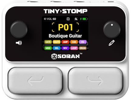 SORAN JME-03A Tiny Stomp Multi Effects Guitar Pedal, 125 Effects, 99 Presets, 10 Modules, 40s Looper, 100 Drum Rhythms, 20 IR/NAM Slots, USB Audio, Rechargeable Pocket Pedal for Guitar and Bass