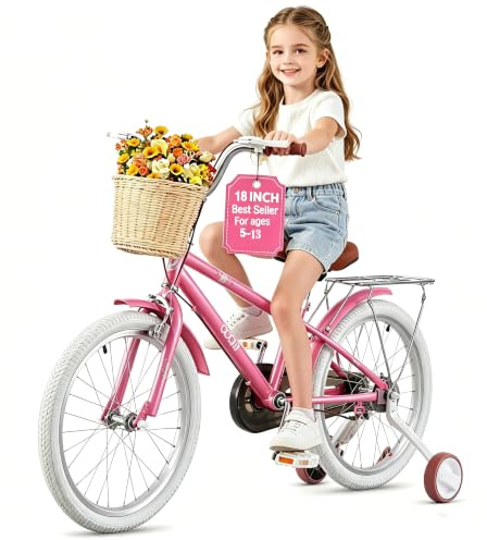Girls Bike with Stabilisers/Kickstand Pink Kids Road Bike with Basket and Rear Rack 12 14 16 18 20 22Inch Wheels Girls Bicycle Children Bicycle Bike for 5-13 Years Old Kids (18Inch)