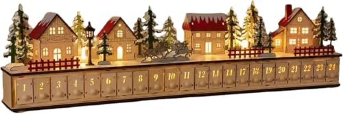 Adventskalender Holz in Form eines Weihnachtsdorfes | Weihnachtsdorf-Szene – wiederverwendbare Weihnachtsdekoration mit Countdown-Box für die Wohnraumgestaltung
