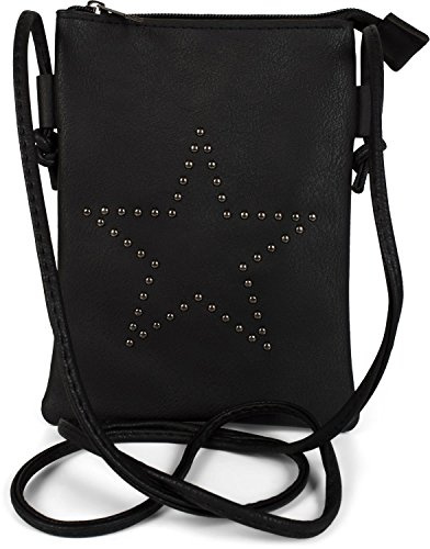 styleBREAKER Damen Mini Umhängetasche Nieten Stern Boho | 14x19 cm Crossbody-Bag, 1 Hauptfach mit Reißverschluss, Steckfach hinten, 130 cm Schulterriemen, Kunstleder.