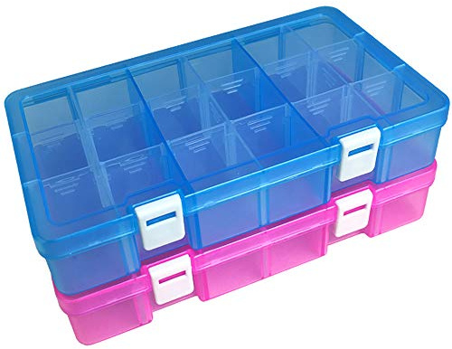 Qualsen Plastik Aufbewahrungsbox Einstellbar Fächer Sortimentskasten Schmuckschatulle Werkzeugcontainer (18 Raster X 2 Packungen, Blau+Rosa)