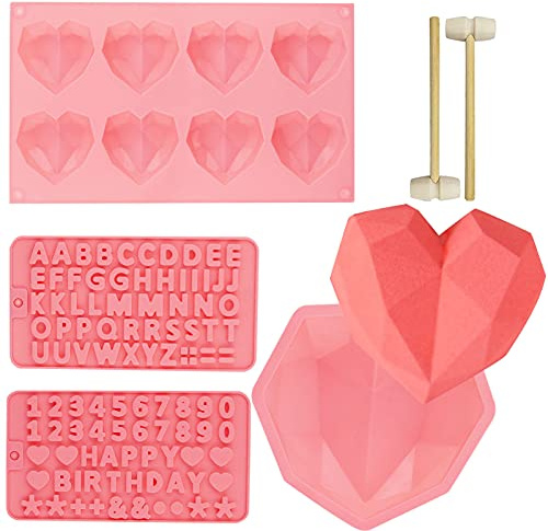 Herzform Kuchenform, 4 Stück 3D Silikon Kuchenform, Diamant Herzform, Silikonform Herzform, Schokolade Herz Gussform Mit Holz Schlegel Und Brief Form, für DIY Backmousse, Käsekuchen, EIS(Rosa)