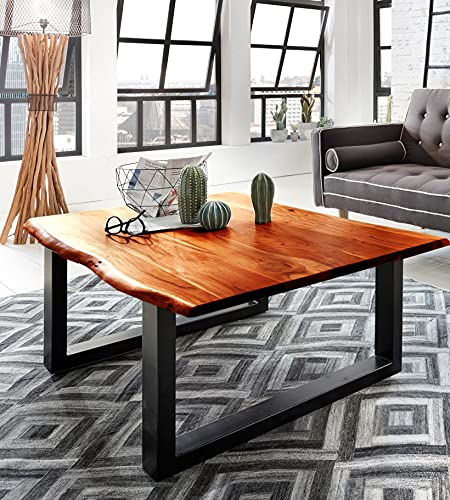 SAM Couchtisch 120 x 80 cm Esra, echte Baumkante, Akazienholz cognacfarben lackiert, Sofatisch, U-Metallgestell Schwarz, Beistelltisch Industrial-Stil, Tischplatte 26mm