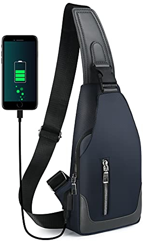 Aucuu Men's Chest Bag, Waterproof Shoulder Bag, Leisure Chest Bag with USB Charging Port, Travel Backpack for Hiking, Cycling, Travel, Camping (with 1 x USB), Blue, 54