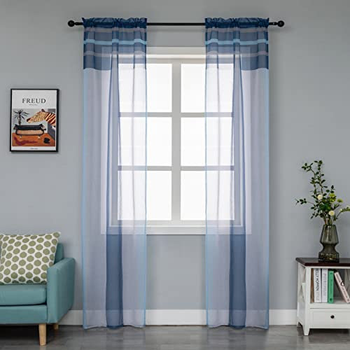 GIRASOLE HOME Coppia Tende Voile Semi Trasparenti a Righe Tenda per Soggiorno Camera Cameretta Cucina e Interni 2 Pannelli con Tasca (70x235cm, Blu+Grigio)